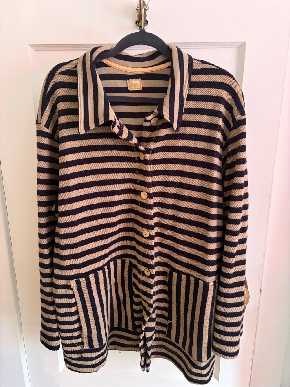 Striped Button-Front Pocket Sweater - Beige & Black